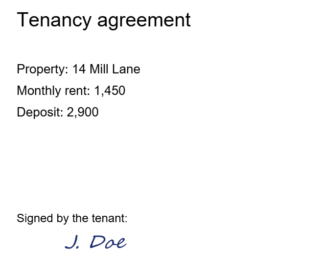 A tenancy agreement with monthly rent 1,450, signed J. Doe.