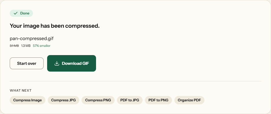 A finished compression: pan-compressed.gif, 3.1 MB down to 1.3 MB, 57 percent smaller.