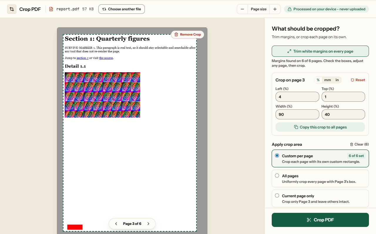 Crop PDF with Trim white margins applied, showing the crop box on a page of the report and its margin values.