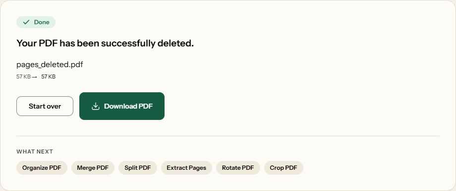 A finished deletion: pages_deleted.pdf, ready to download.