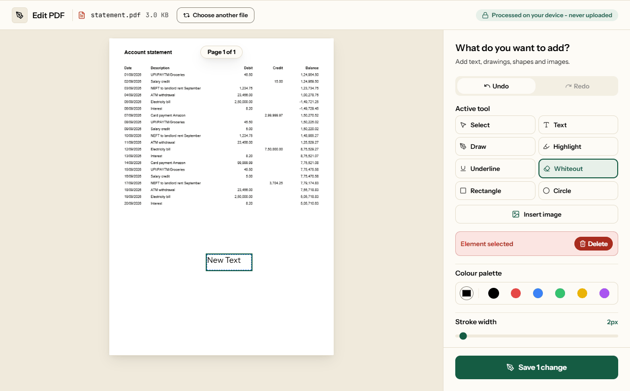 Edit PDF with a text box placed on an account statement and the tools for text, drawing, highlighting, whiteout and shapes.