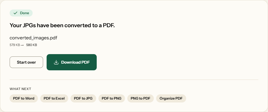 A finished conversion: converted_images.pdf, 579 KB to 580 KB.