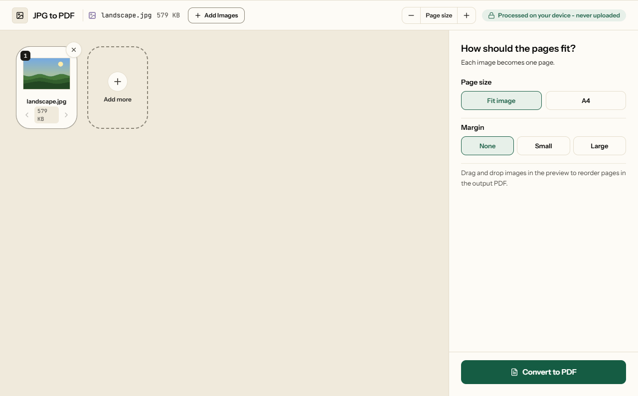 JPG to PDF with a landscape photo added, and the page size and margin options.