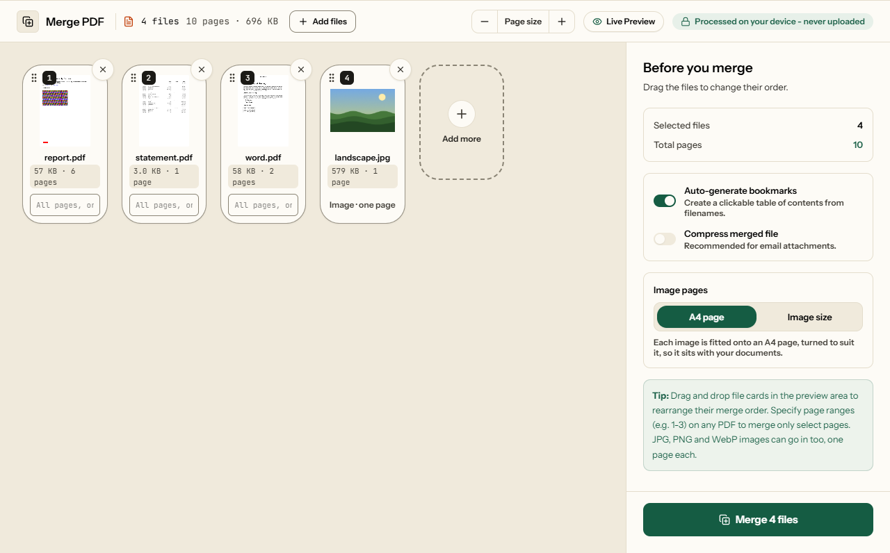 Merge PDF with report.pdf, statement.pdf, word.pdf and landscape.jpg added as numbered cards, and the bookmark, compression and image page options beside them.