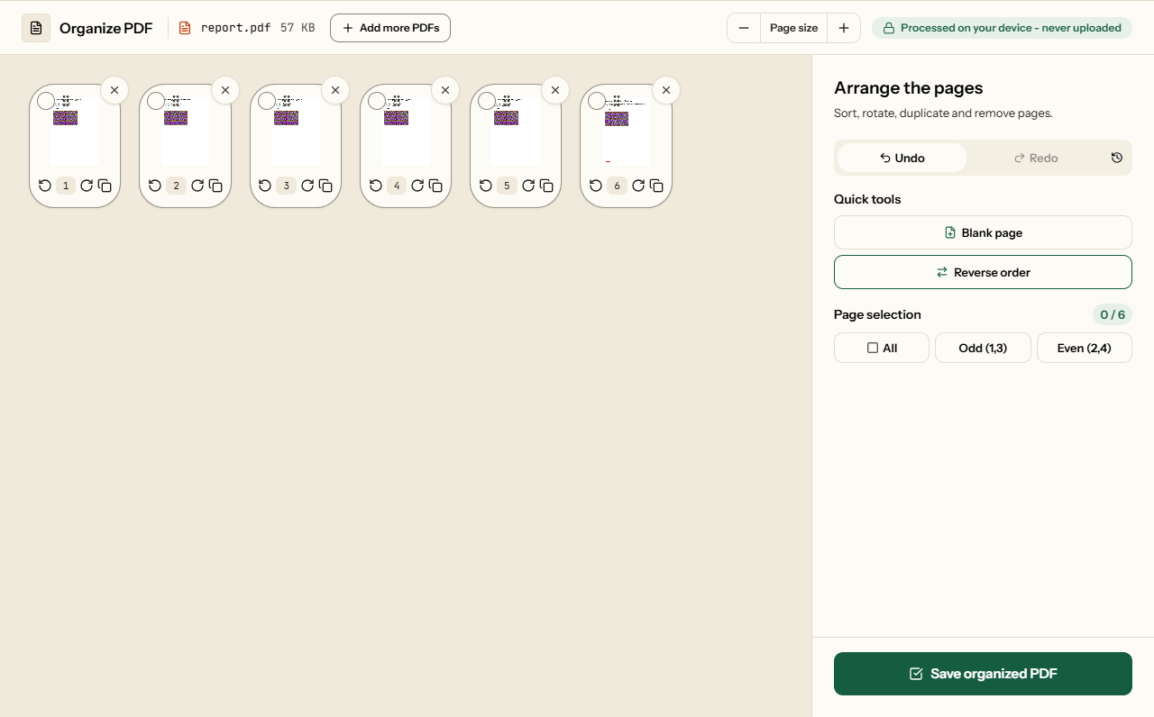 Organize PDF showing the six pages of a report after Reverse order, with tools for blank pages and page selection.