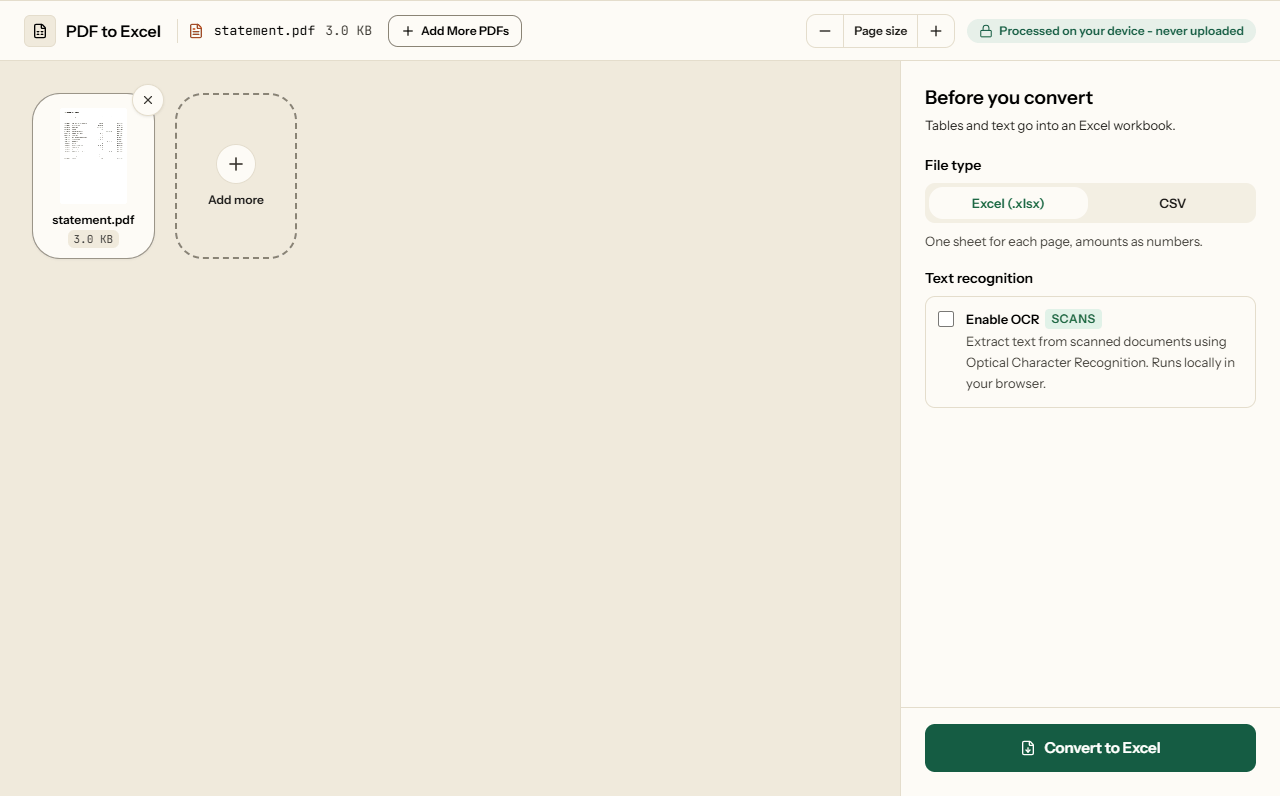 PDF to Excel with an account statement added, Excel or CSV as the output and an Enable OCR option for scans.