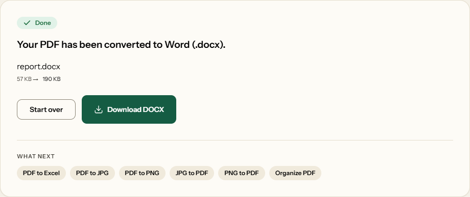 A finished PDF to Word conversion: report.pdf converted to report.docx, 57 KB to 190 KB, with a Download DOCX button.