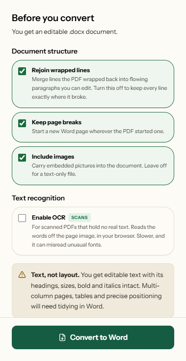 PDF to Word settings: Rejoin wrapped lines, Keep page breaks and Include images switched on, Enable OCR for scans switched off.