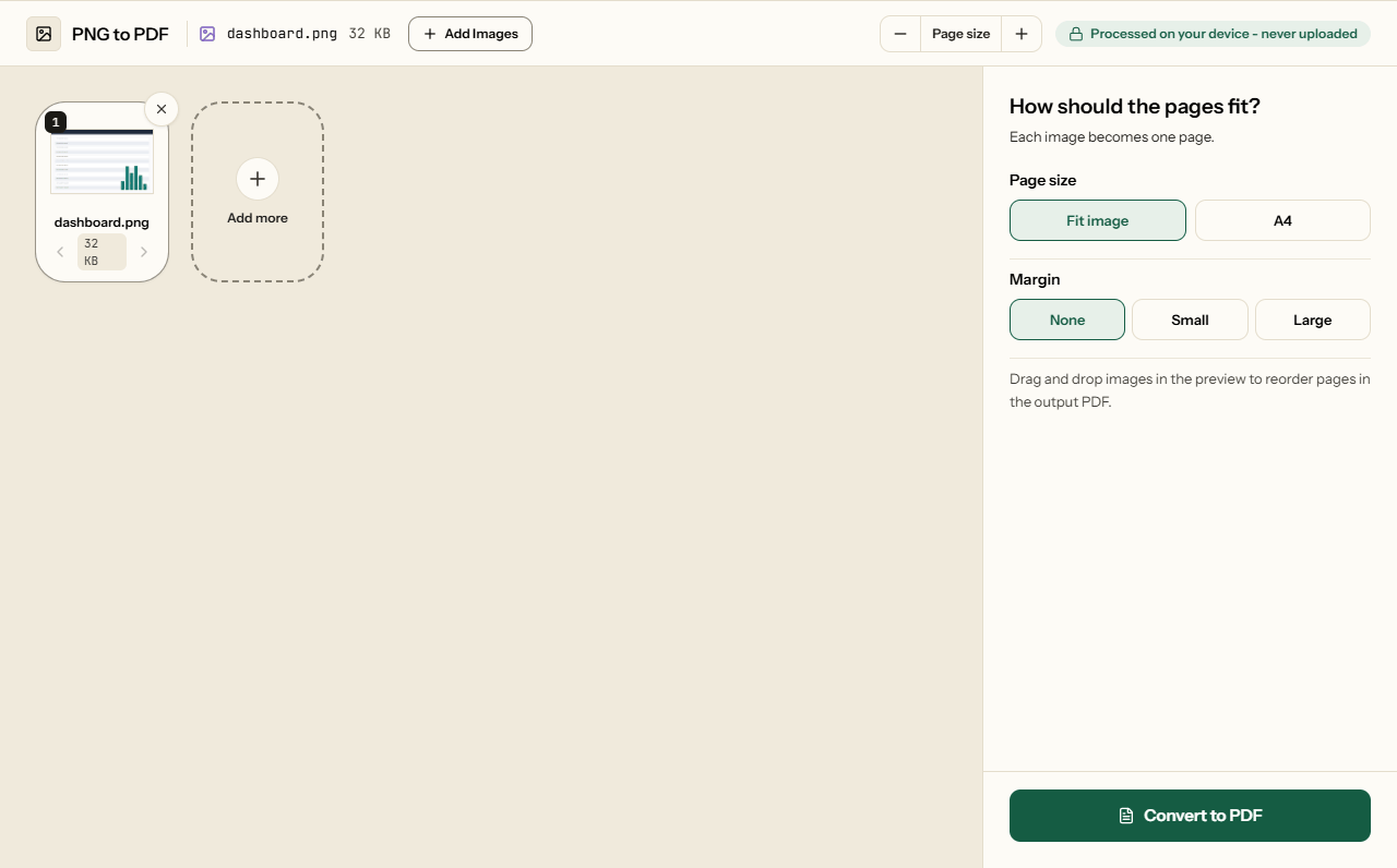 PNG to PDF with a PNG image added, and the page size and margin options.