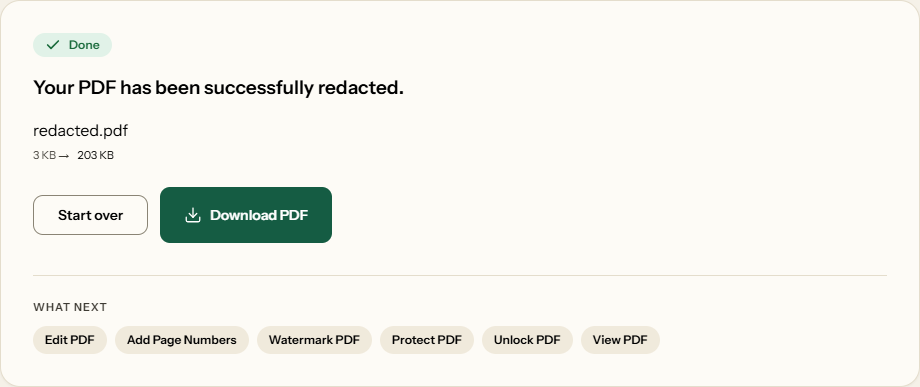 A finished redaction: redacted.pdf, 3 KB to 203 KB.