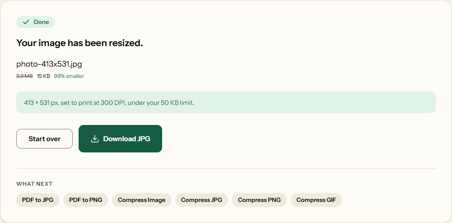 A finished passport photo: photo-413x531.jpg, 3.3 MB down to 15 KB, 413 × 531 px, set to print at 300 DPI, under the 50 KB limit.