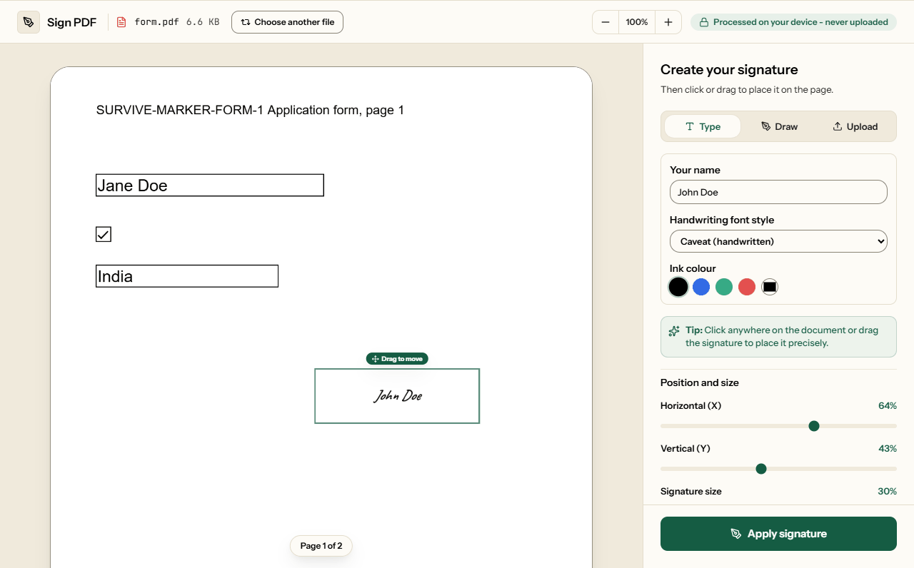 Sign PDF with a typed signature placed on an application form, and the Type, Draw and Upload options with position and size controls.