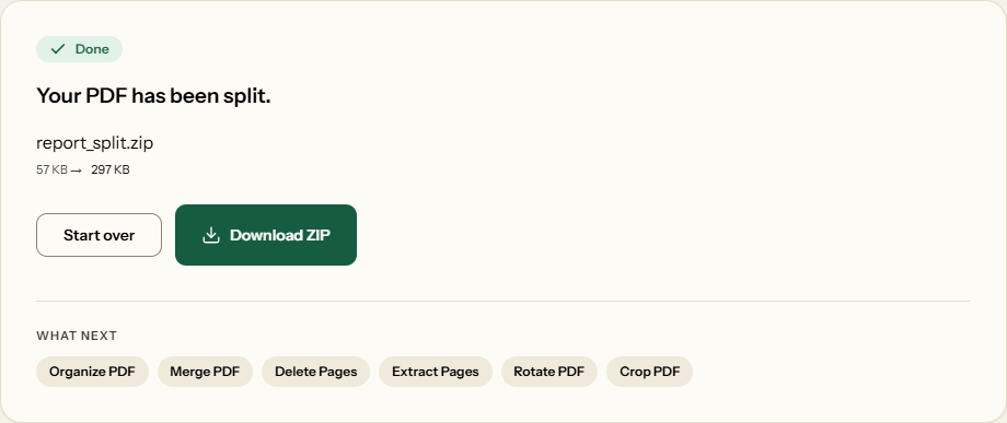 A finished split: report_split.zip, 297 KB, ready to download.