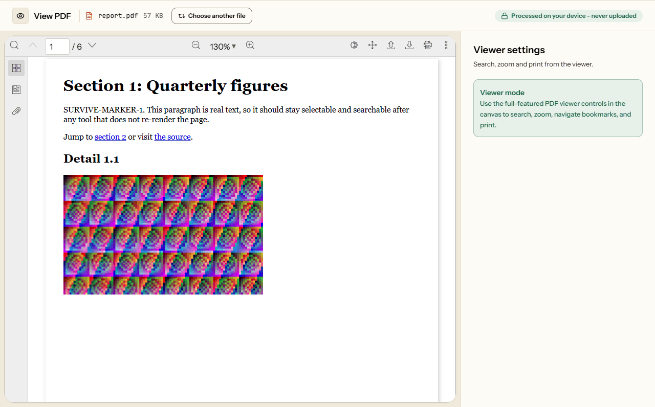 View PDF showing page 1 of a 6-page report at 130 percent, with the page and zoom controls.